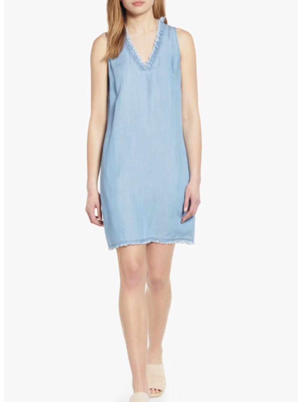 Tommy Bahama Chambray Ruffle Shift Dress V-neck Sleeveless Small beach resort